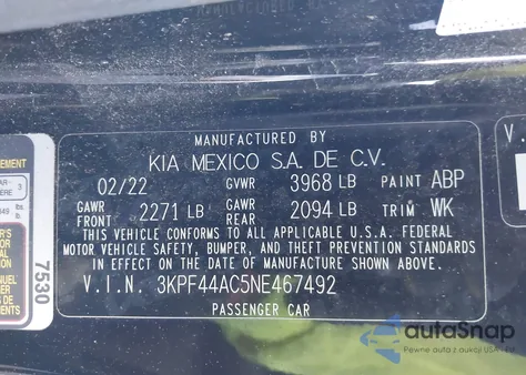 2022 Kia Forte Gt из США, поврежденный, VIN 3KPF44AC5NE467492